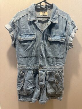 Free People Light Blue Denim Short Sleeve Romper